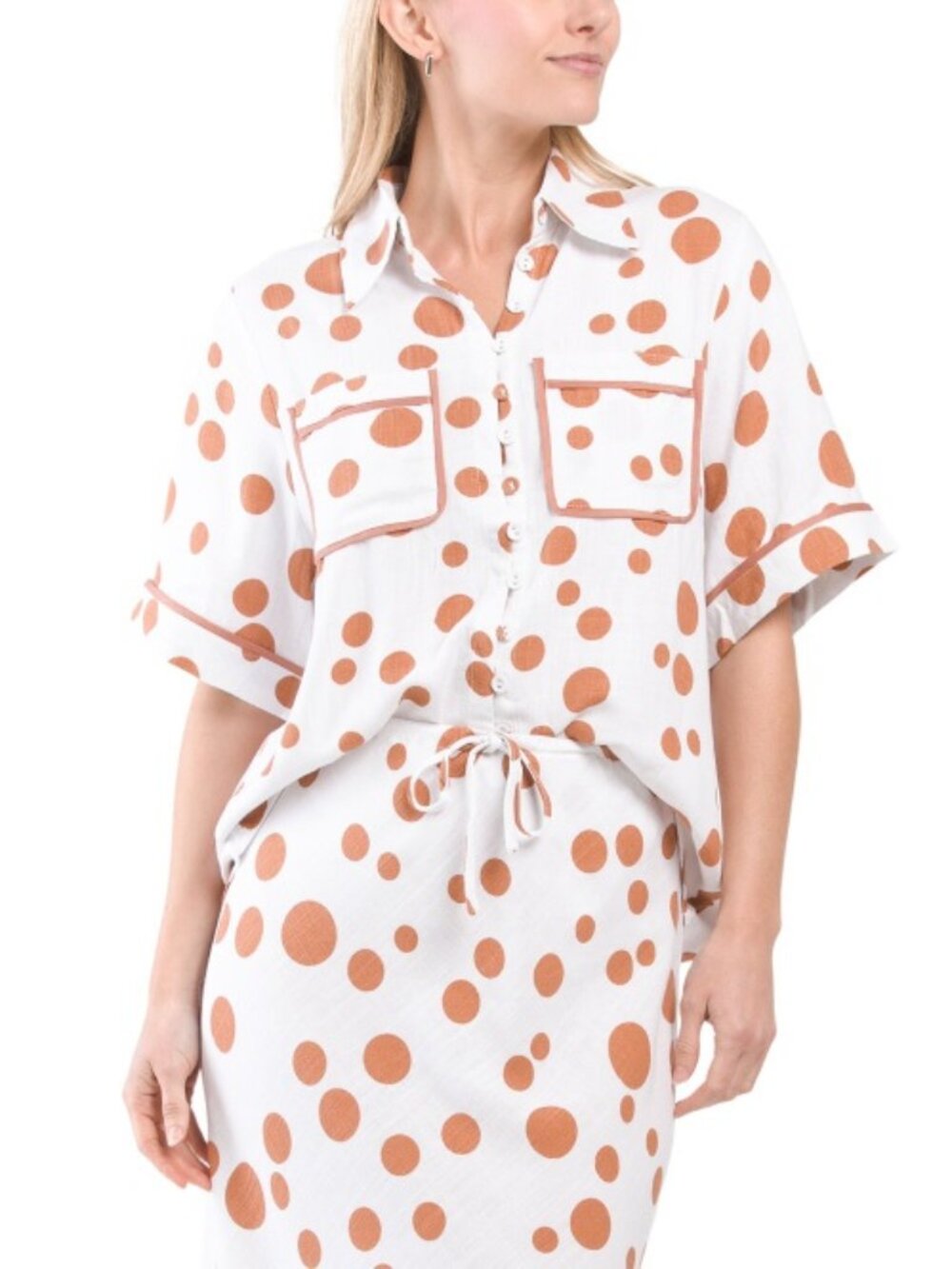 NWT White Closet Linen Blend White Brown Polka dot short sleeve Top